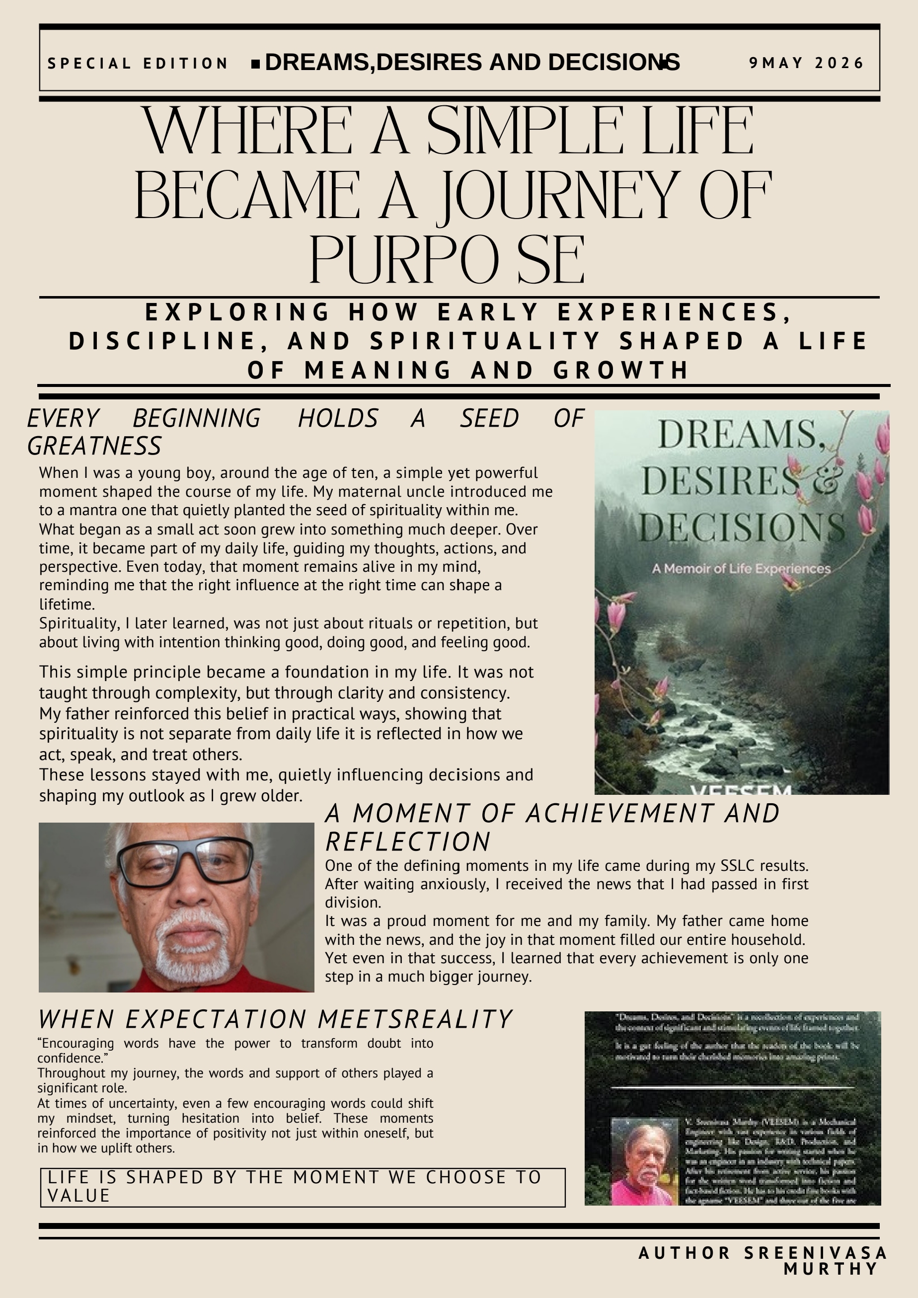 Dreams, Desires and Decisions - Special Edition newspaper feature on Author Sreenivasa Murthy