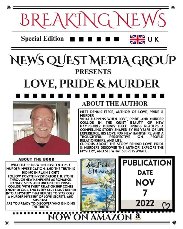 News Quest Media Group feature for Love, Pride & Murder by Dennis Feece