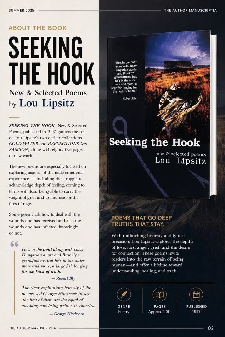About the Book - Seeking the Hook details and Robert Bly endorsement
